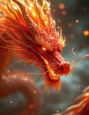 The primary subject of the image is a dragon with a fiery mane, which is the main focus of the image. The dragon is surrounded by a dark, smoky background, giving it a dramatic and intense appearance. The visual style of the image is digital art, as it is a detailed and intricate illustration of the dragon. The dominant colors in the image are red and orange, which are associated with fire and passion, creating a fiery and intense mood.